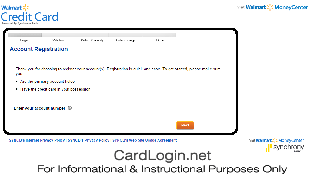 Enter Details to Validate your Walmart Credit Card
