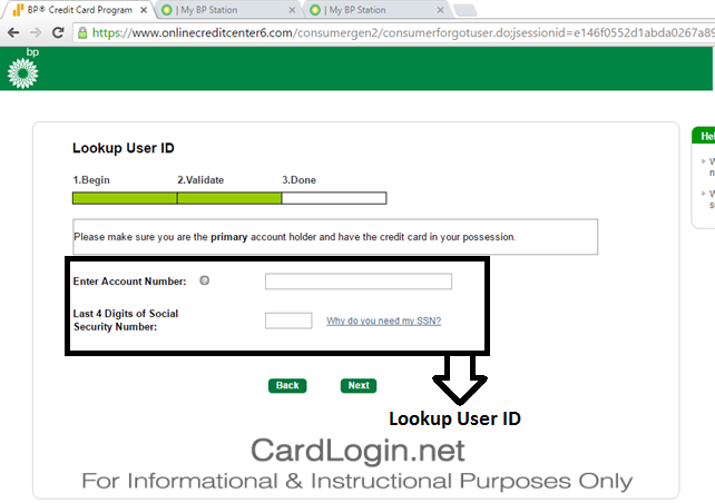 BP Visa Credit Card - Lookup User ID and Reset Password