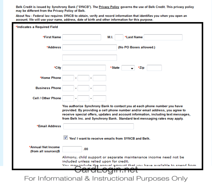 Belk Credit Card Application Form