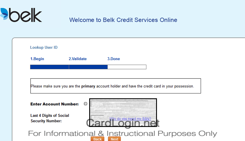 Belk Credit Card - Validate Account