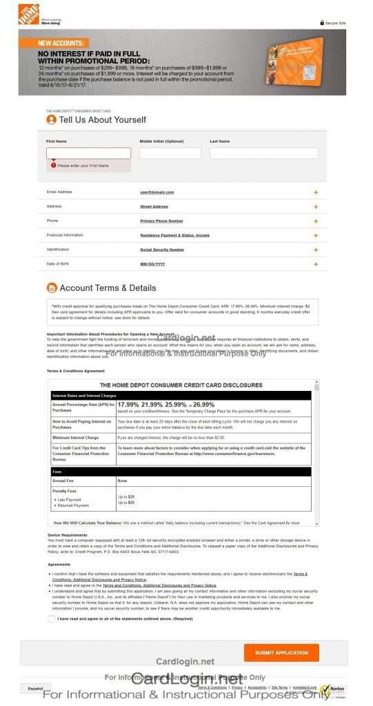 Home Depot Consumer Credit Card Onlne Application