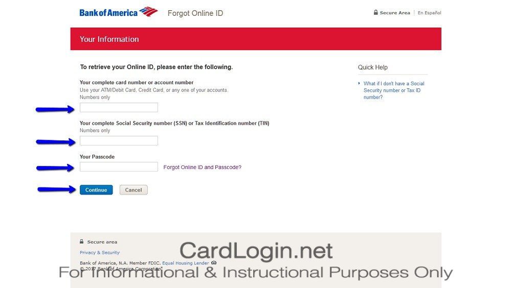 BankAmericard AMSA Credit Card Forgot your Online ID