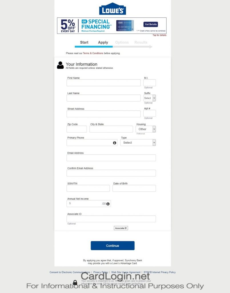 How To Apply For Lowe’s Advantage Credit Card Step 2